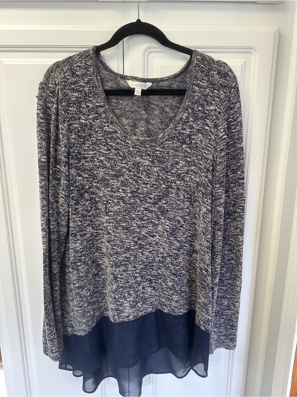 Charming Charlie Navy-Gray Marled Knit Tunic with Sheer Hem